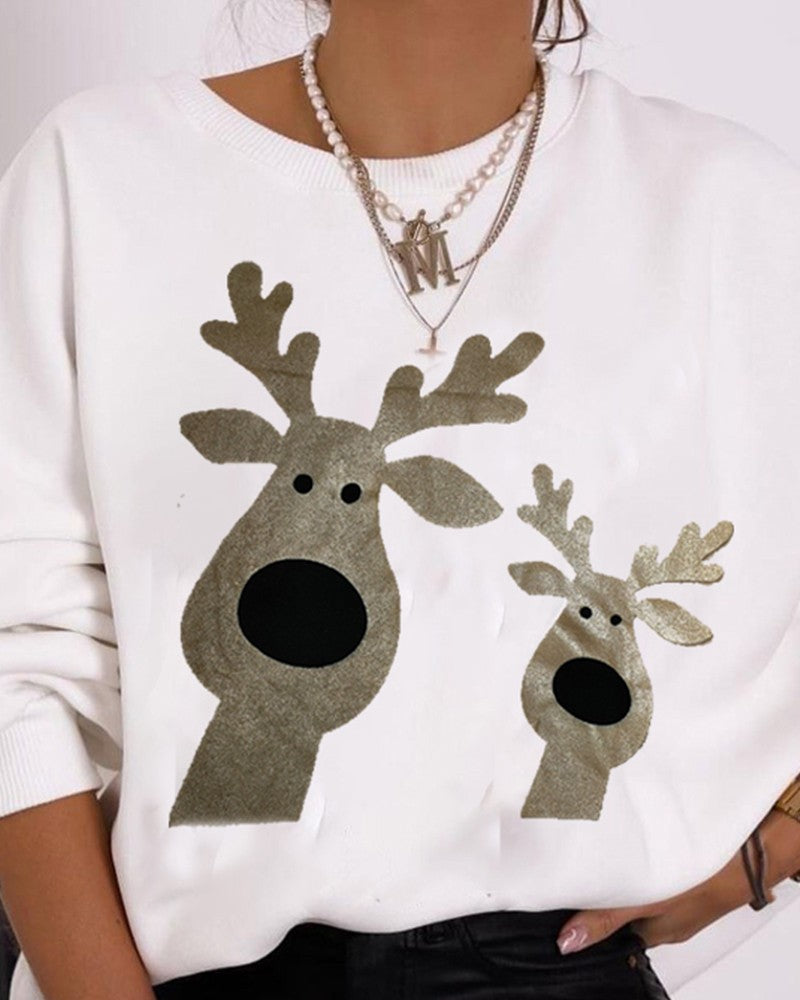 Weihnachts-Cartoon-Elch-Metallic-Langarm-Sweatshirt