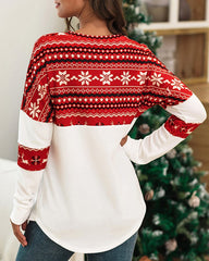 Christmas O Neck Coloblock Geometric Print Casual Top