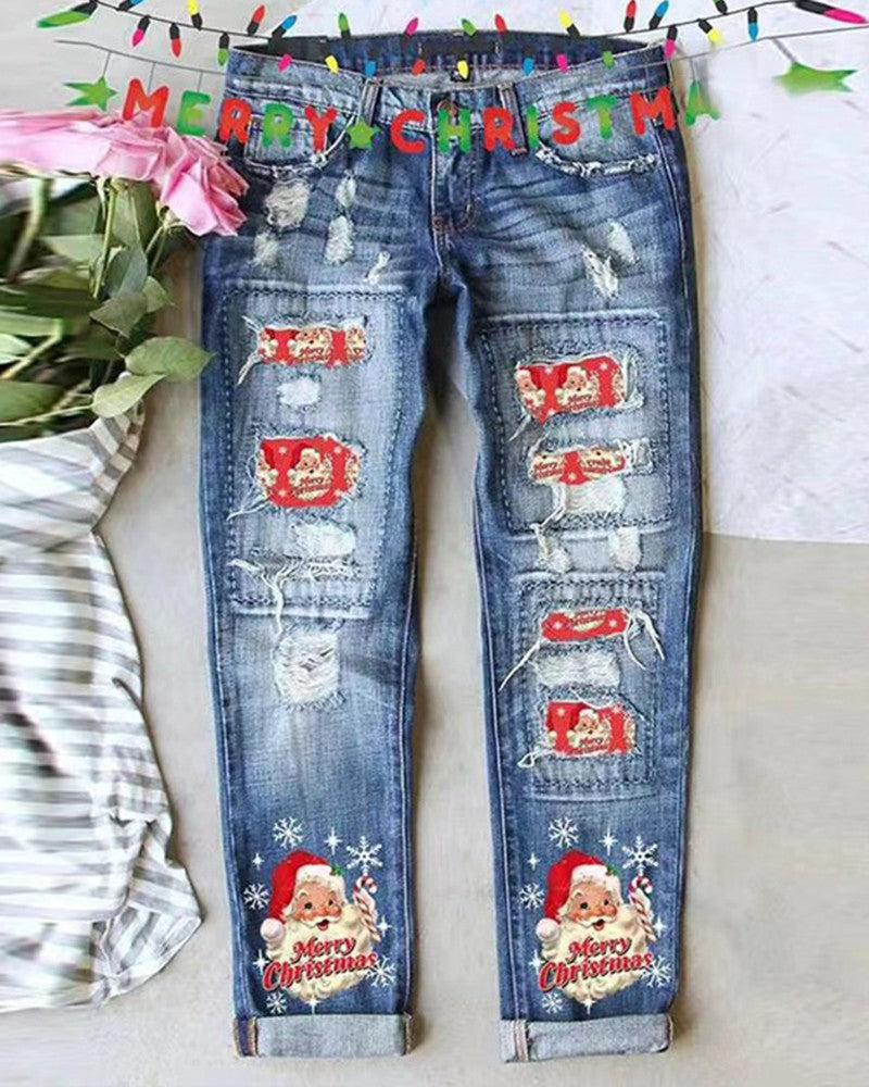 Merry Christmas Santa Claus Snowflake Print Ripped Jeans