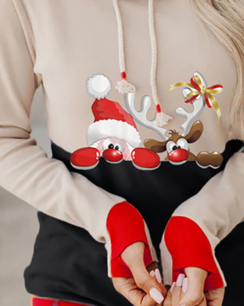 Christmas Moose Print Colorblock Hooded Top