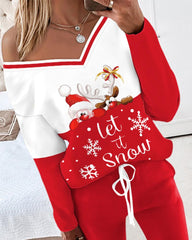 Conjunto de chándal de 2 piezas con estampado de Papá Noel, reno y reno "Let it Snow" de manga larga y cintura elástica