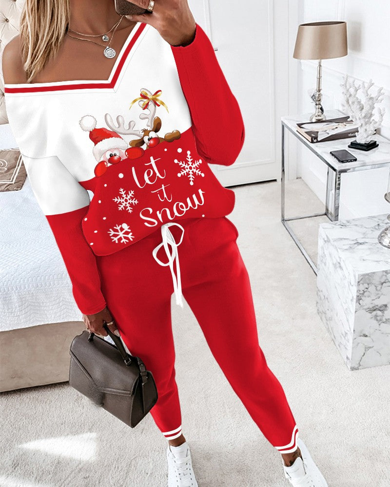 2 Piece Christmas Cartoon Santa Slaus Reindeer Let it Snow Print Long Sleeve Top Stretchy Waist Tracksuit Set