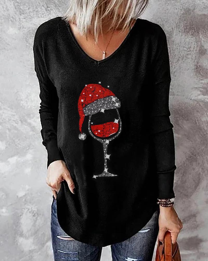 Christmas Hat Wine Glasses Print Long Sleeve Top