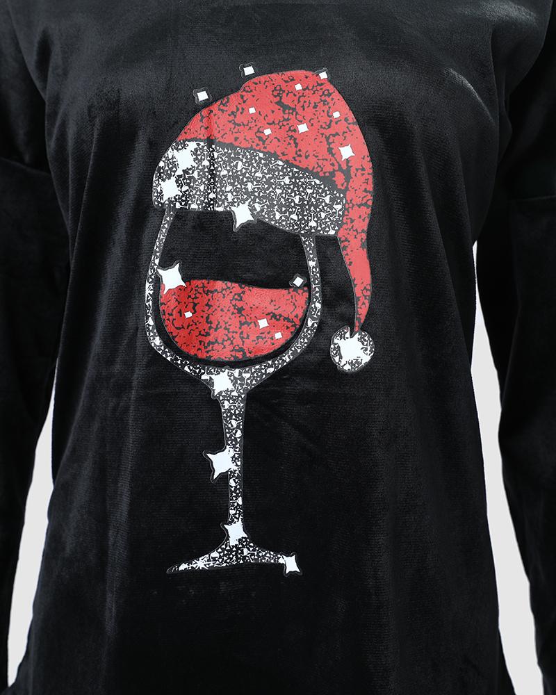 Christmas Hat Wine Glasses Print Long Sleeve Top