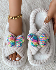 Pantuflas de invierno con tiras cruzadas y estampado de mariposas