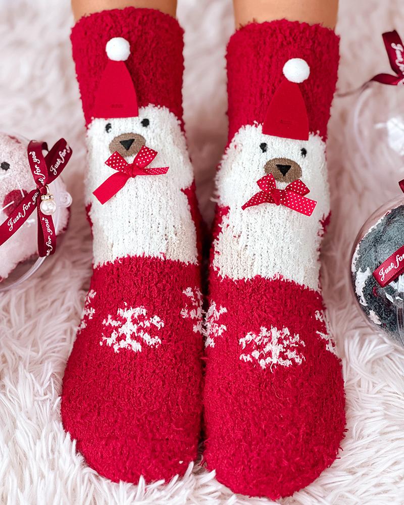 1 par de calcetines térmicos peludos con estampado navideño de copos de nieve, alces y muñecos de nieve