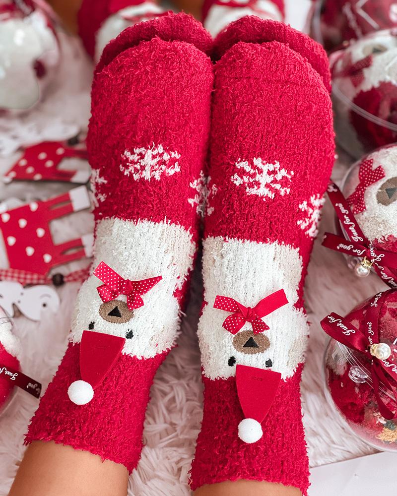 1 par de calcetines térmicos peludos con estampado navideño de copos de nieve, alces y muñecos de nieve