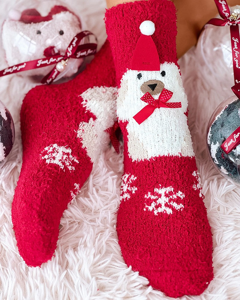 1 Paar Weihnachtssocken mit Schneeflocken-Elch-Schneemann-Muster