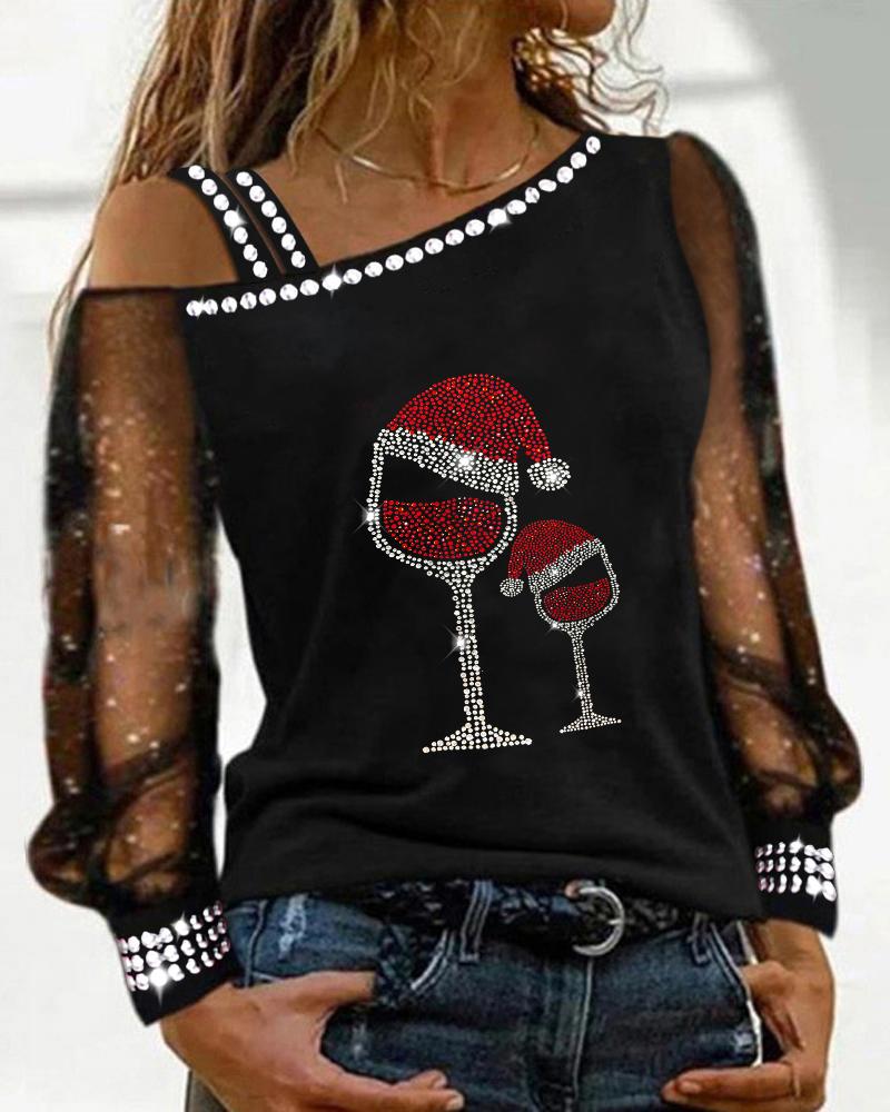 Christmas Wine Glass Print Studded Cold Shoulder Top