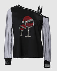 Christmas Wine Glass Print Studded Cold Shoulder Top