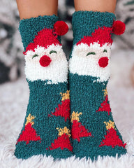 1 par de calcetines térmicos peludos con estampado navideño de copos de nieve, alces y muñecos de nieve