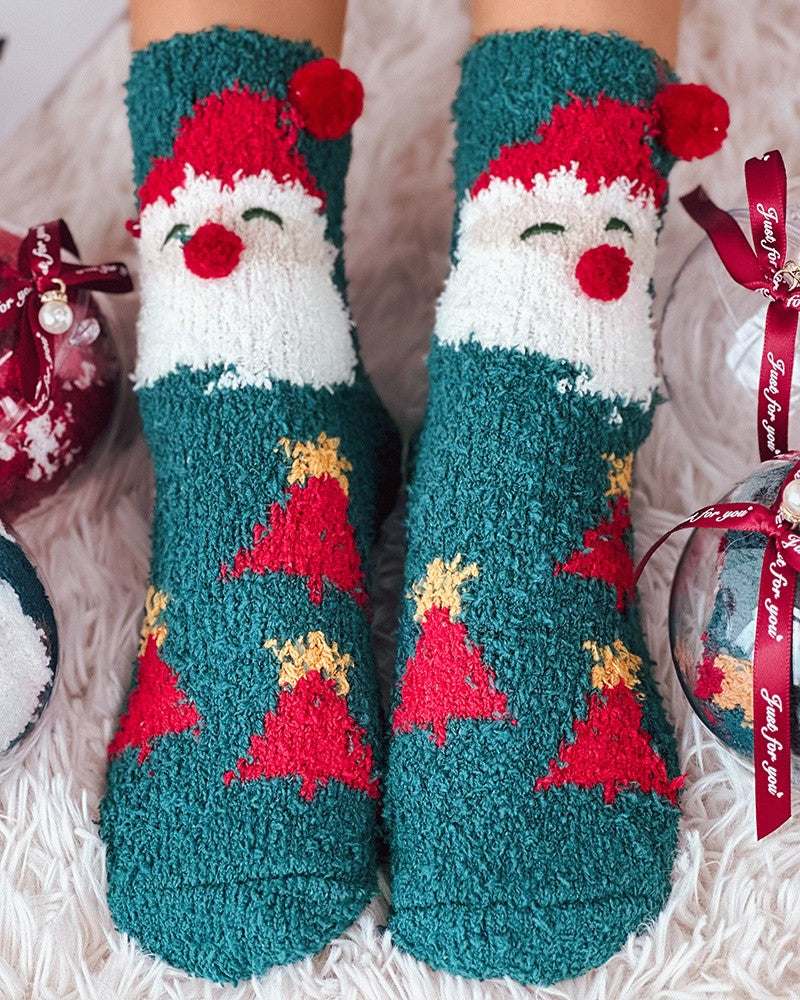 1Pair Christmas Snowflake Elk Snowman Pattern Fuzzy Thermal Socks