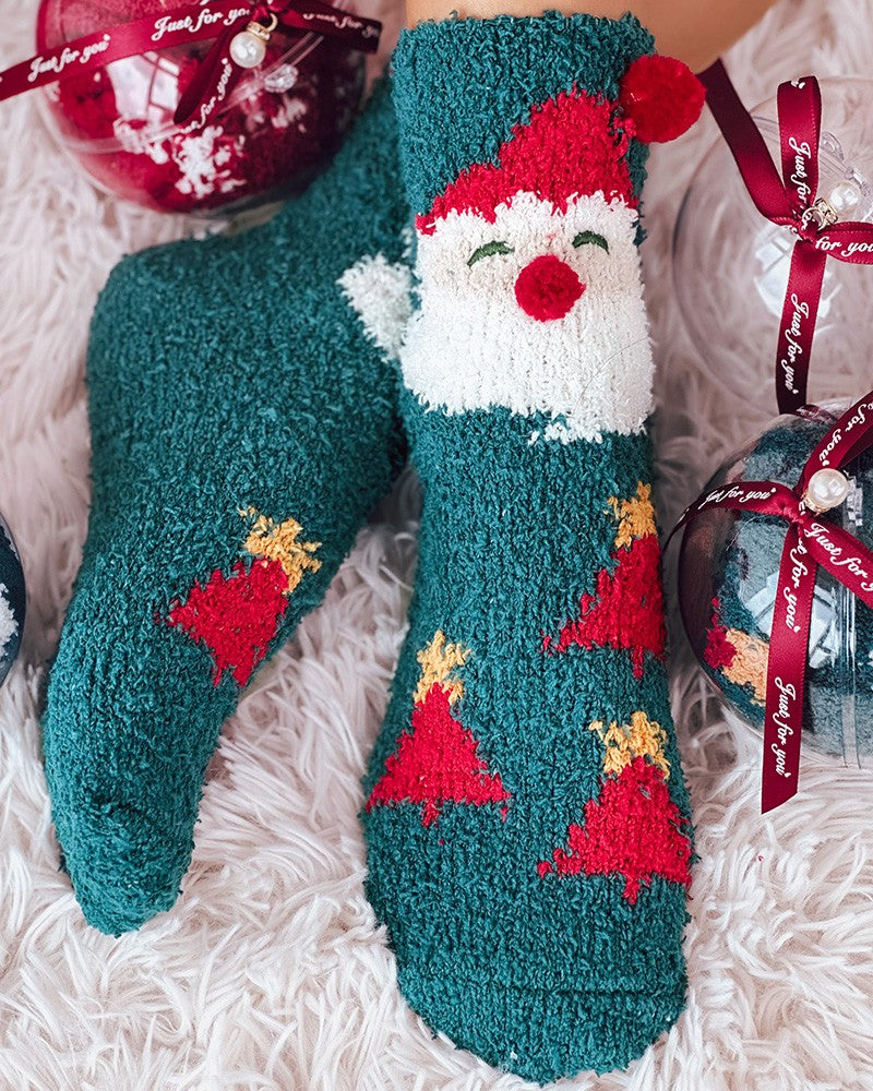 1 Paar Weihnachtssocken mit Schneeflocken-Elch-Schneemann-Muster