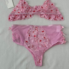 Mesh Heart Embroidery Hollow-Out Lingerie Set