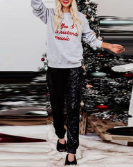 Christmas Letter Print Top & Seqins Pants Set