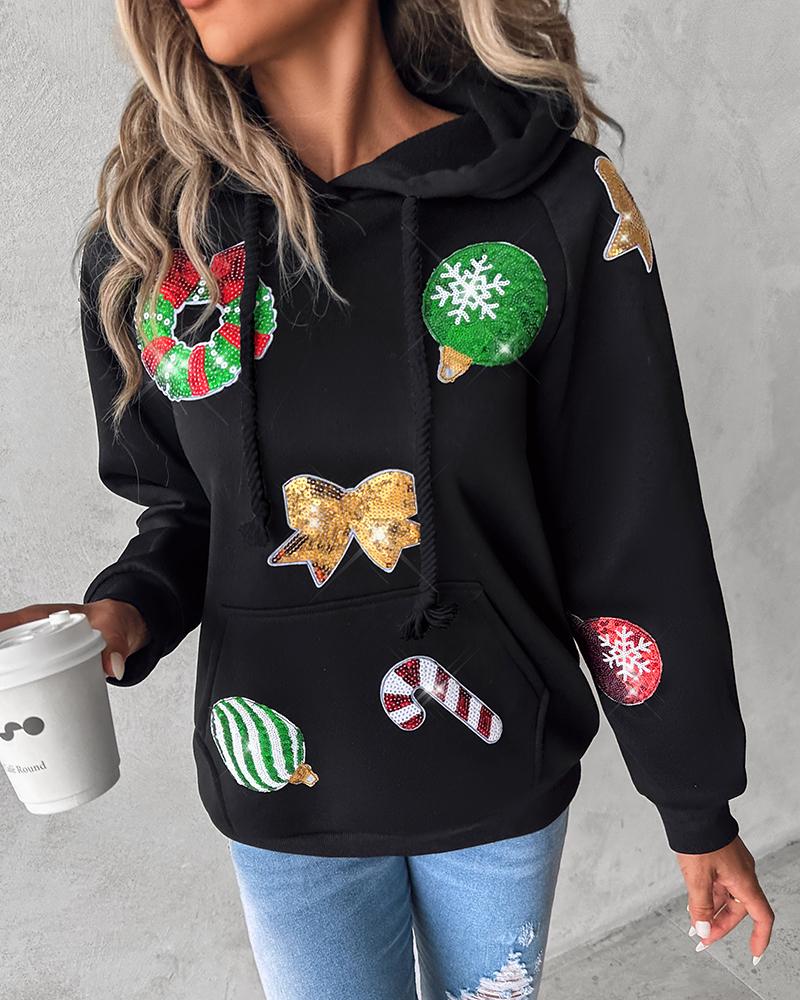 Christmas Sequin Graphic Pattern Hooded Sweatshirt