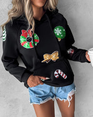 Christmas Sequin Graphic Pattern Hooded Sweatshirt