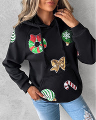 Christmas Sequin Graphic Pattern Hooded Sweatshirt