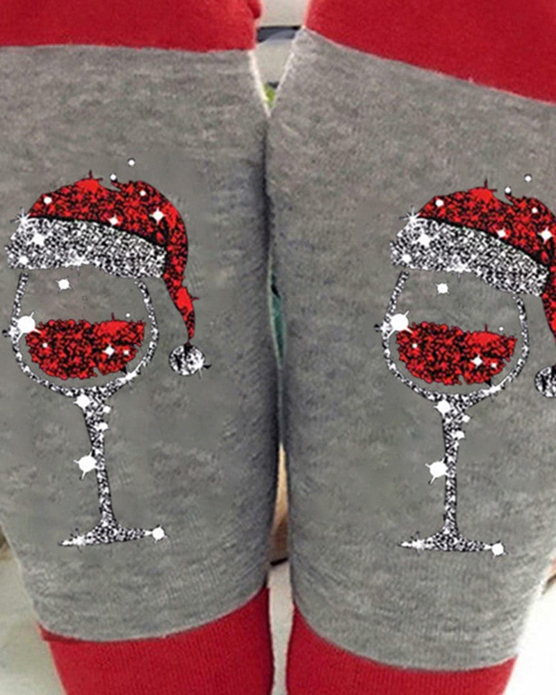 1Pair Christmas Wine Glass Print Colorblock Crew Socks