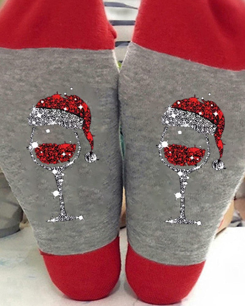 1Pair Christmas Wine Glass Print Colorblock Crew Socks