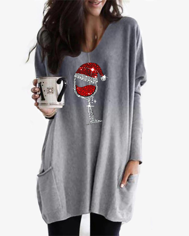 Gigot Sleeve Wine Glasses Print Ombre Top