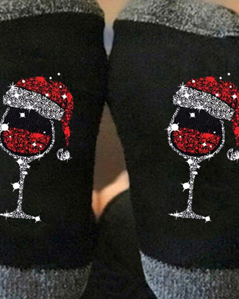 1 par de calcetines navideños con estampado de copas de vino y bloques de color