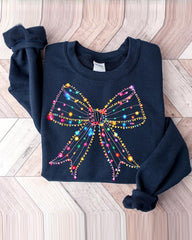 Christmas Colorful Bowknot Print Crewneck Sweatshirt Fleece Lined Pullover Top