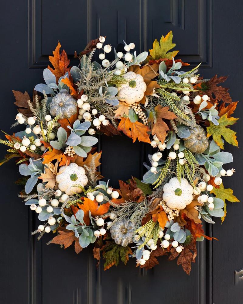 1pc Christmas Wreath Autumn Thanksgiving Wreath With Pumpkin Maple Leaf Front Door Stairway Window Indoor Outdoor Decoration