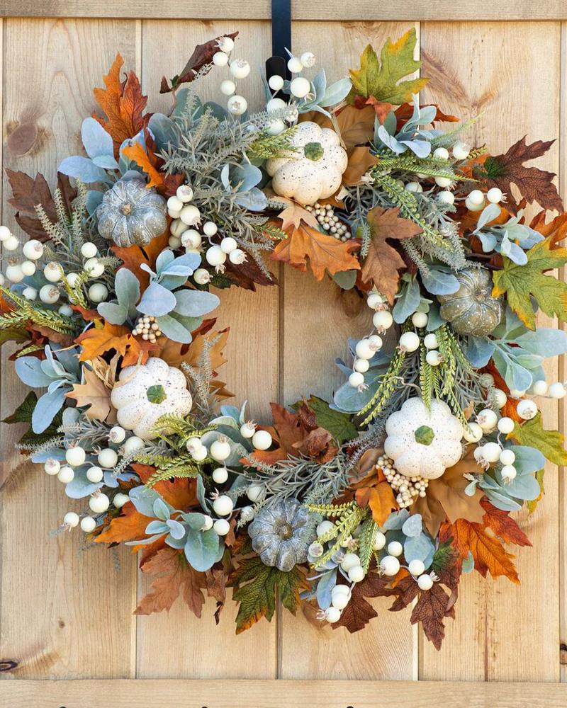 1pc Christmas Wreath Autumn Thanksgiving Wreath With Pumpkin Maple Leaf Front Door Stairway Window Indoor Outdoor Decoration