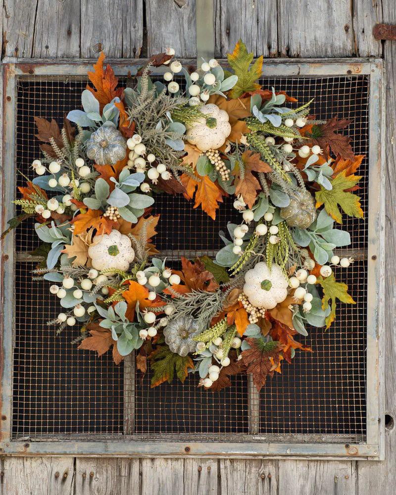 1 corona navideña otoñal de Acción de Gracias con calabaza y hoja de arce para puerta de entrada, escalera, ventana, decoración interior y exterior.