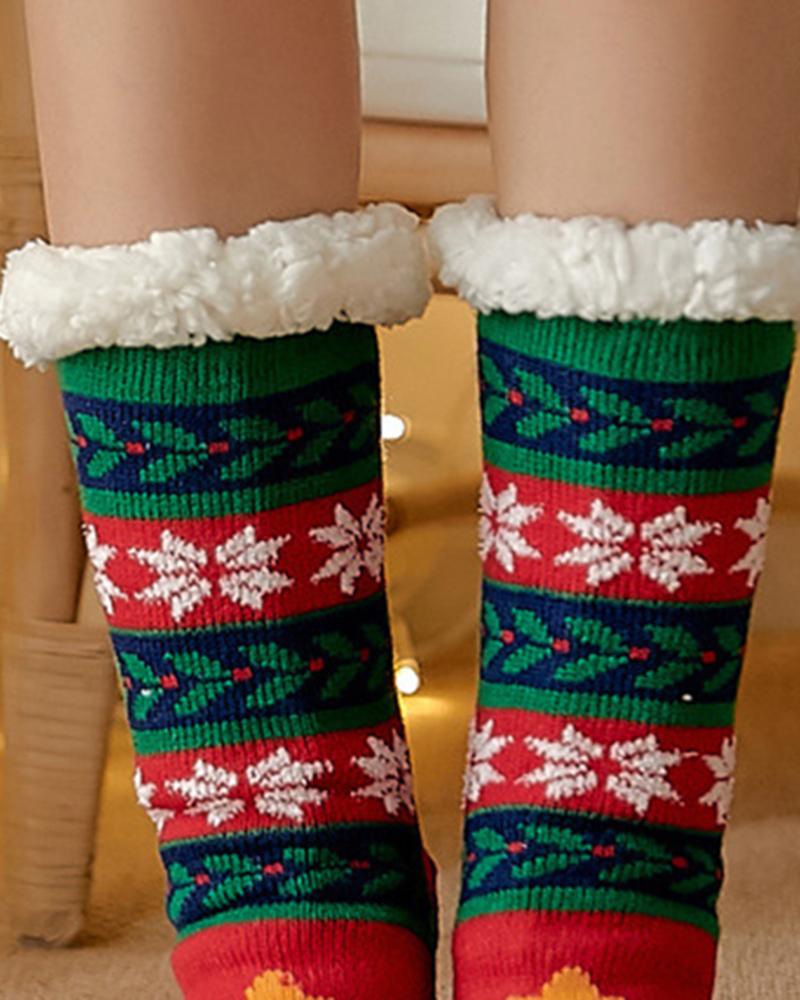 1 Paar gestrickte Thermosocken mit Weihnachtsmotiv und Rentier-Schneeflocke im Cartoon-Stil