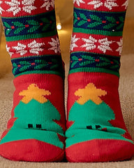 1 Paar gestrickte Thermosocken mit Weihnachtsmotiv und Rentier-Schneeflocke im Cartoon-Stil