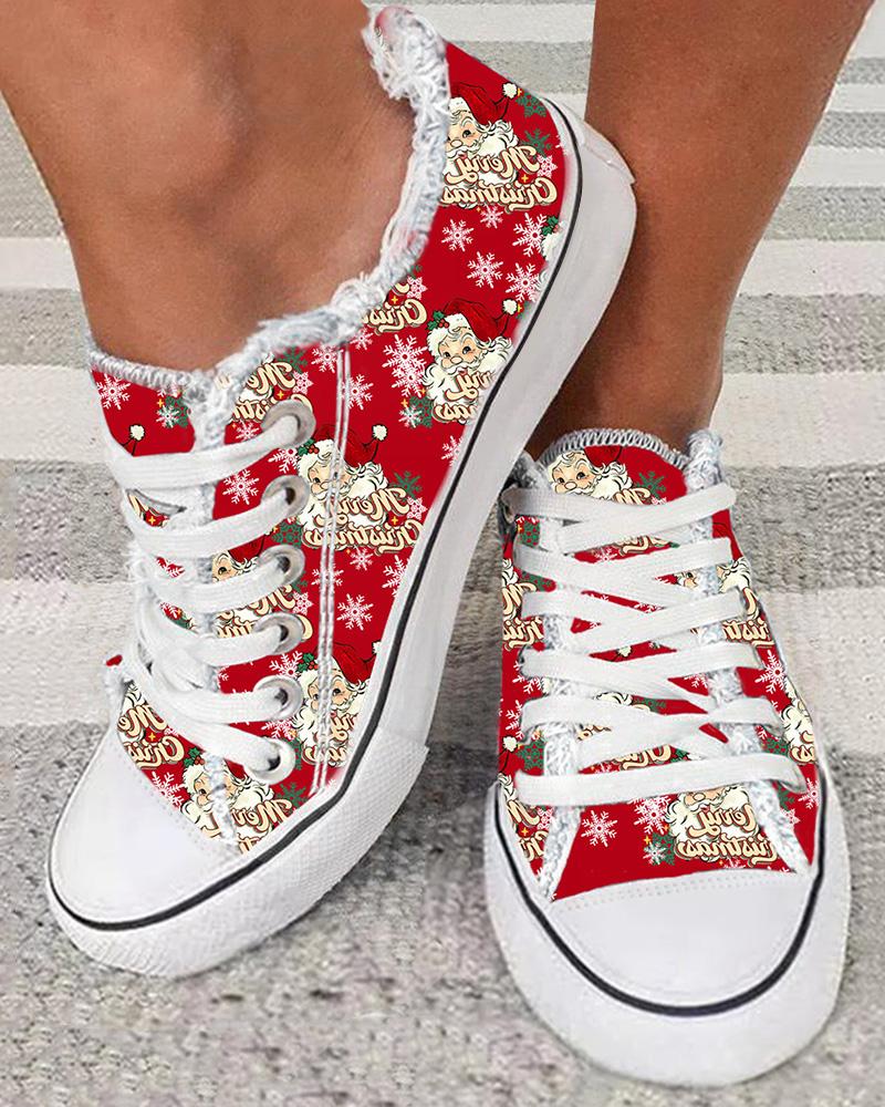 Merry Christmas Santa Claus Snowflake Print Raw Hem Sneakers