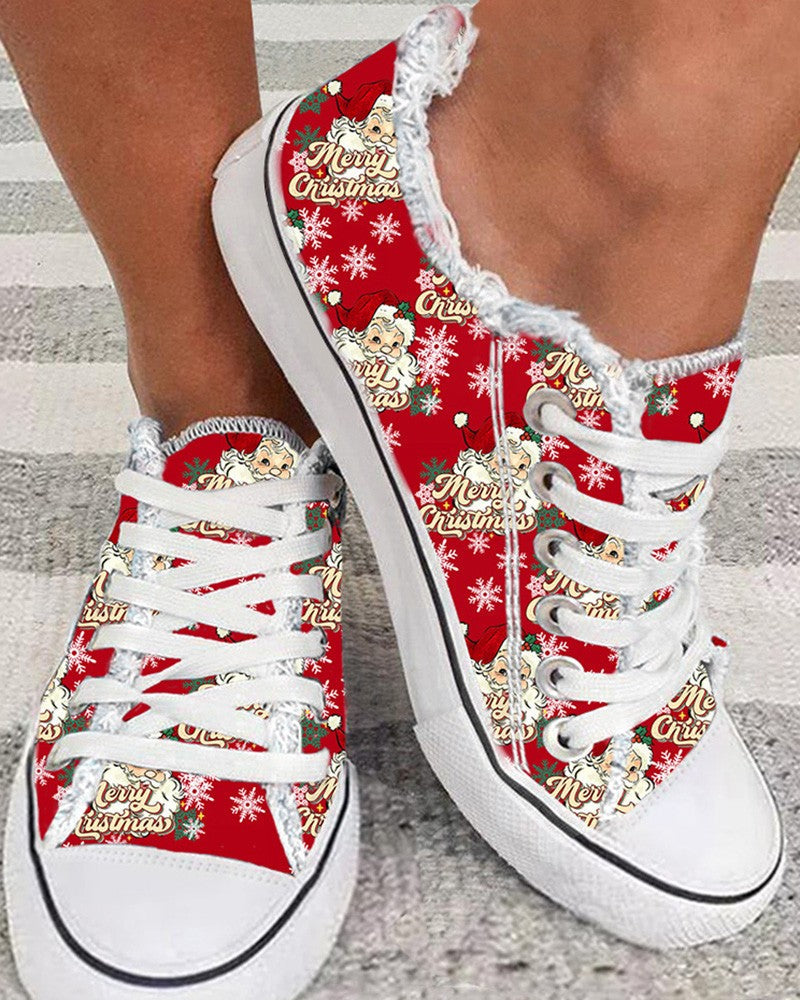 Merry Christmas Santa Claus Snowflake Print Raw Hem Sneakers