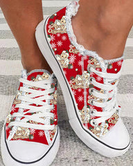 Merry Christmas Santa Claus Snowflake Print Raw Hem Sneakers