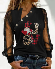 Christmas Gnome Print Glitter Sheer Mesh Long Sleeve Top