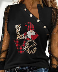 Christmas Gnome Print Glitter Sheer Mesh Long Sleeve Top