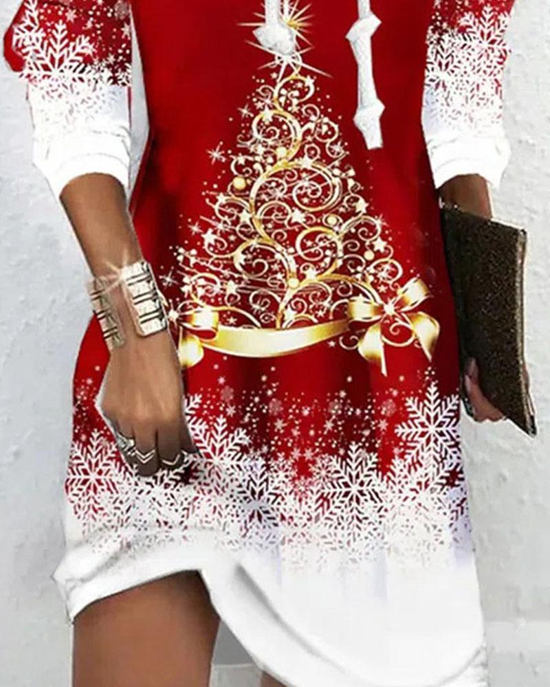 Christmas Tree Snowflake Print Long Sleeve Dress