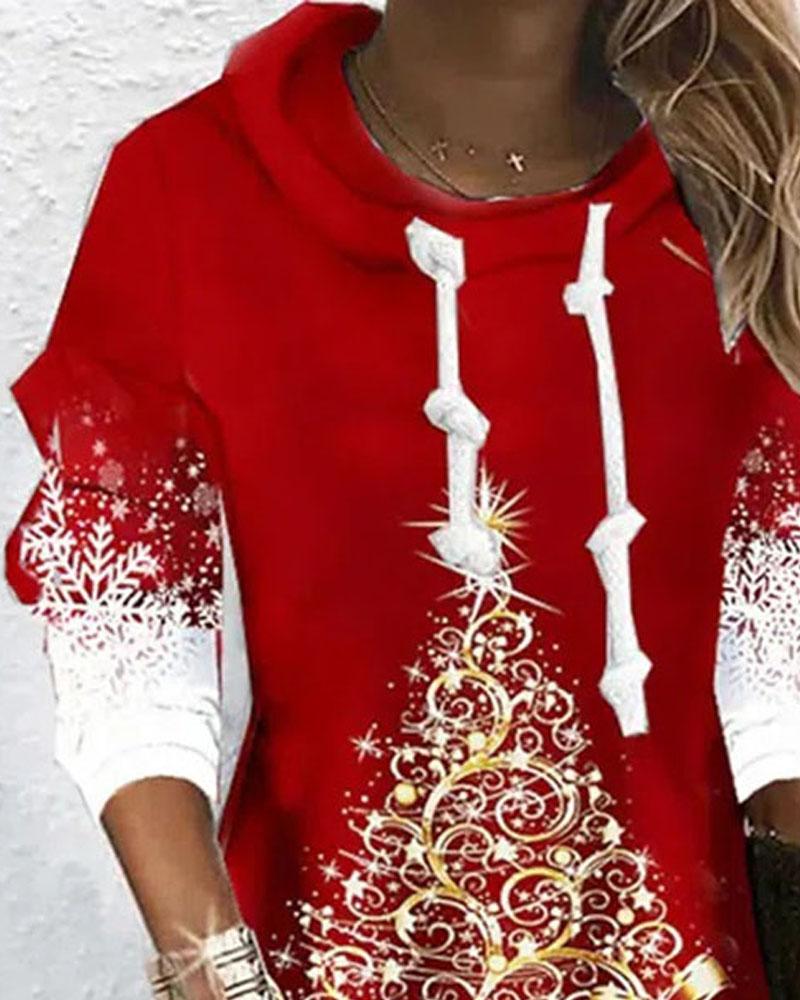 Christmas Tree Snowflake Print Long Sleeve Dress