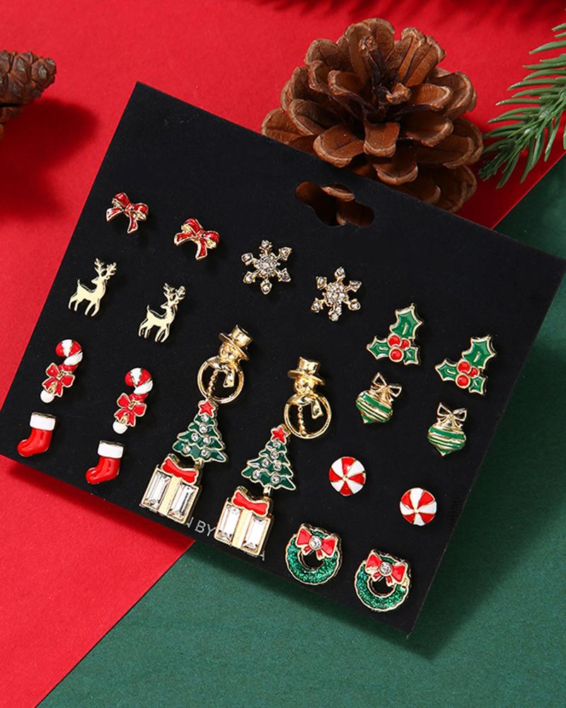 12Pairs Christmas Snowflake Elk Shaped Stud Earrings Set