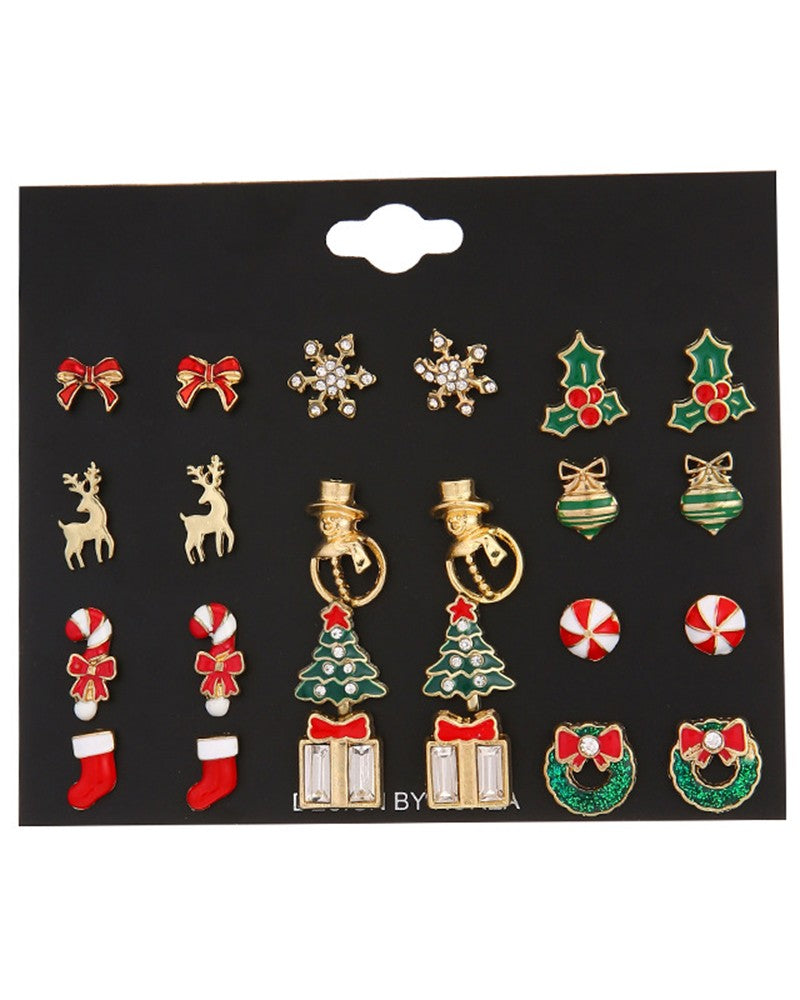 12Pairs Christmas Snowflake Elk Shaped Stud Earrings Set