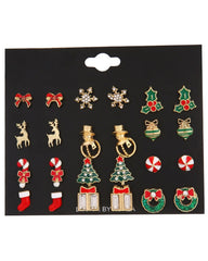 12Pairs Christmas Snowflake Elk Shaped Stud Earrings Set