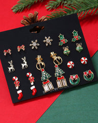 12Pairs Christmas Snowflake Elk Shaped Stud Earrings Set