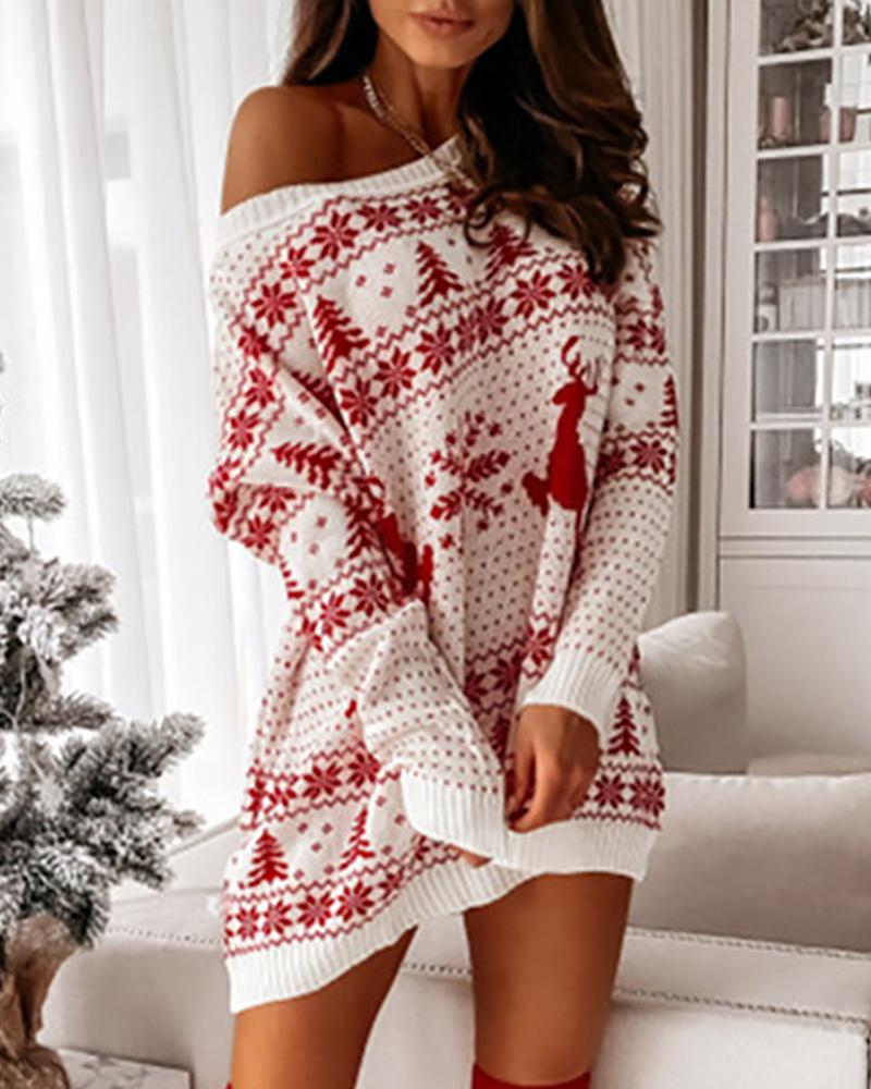 Vestido de punto de manga larga con estampado navideño