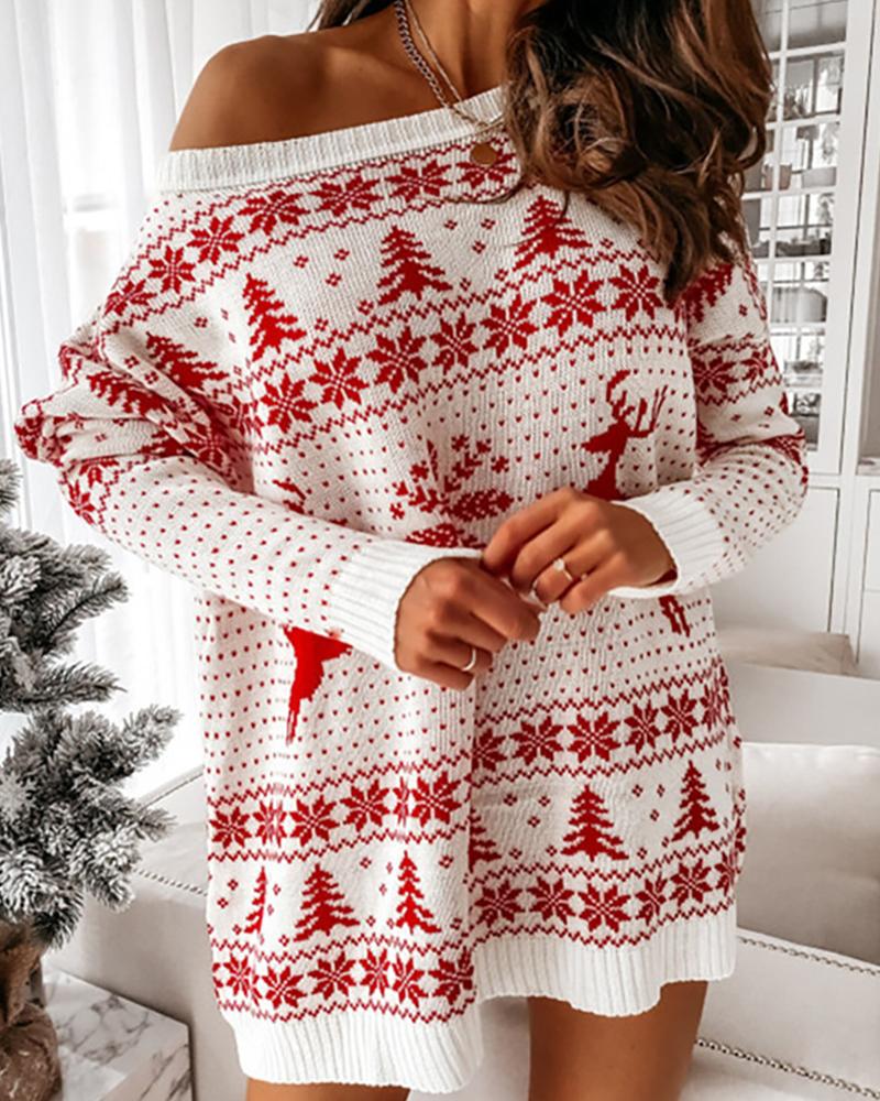 Langärmliges Strickkleid mit Weihnachtsdruck