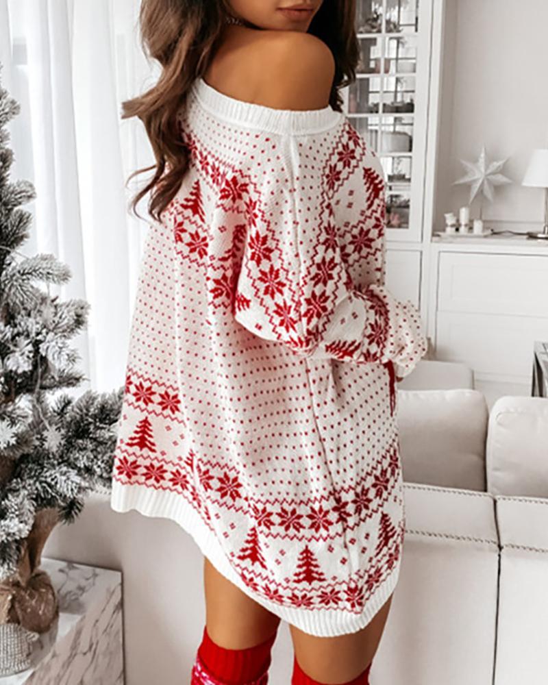 Langärmliges Strickkleid mit Weihnachtsdruck