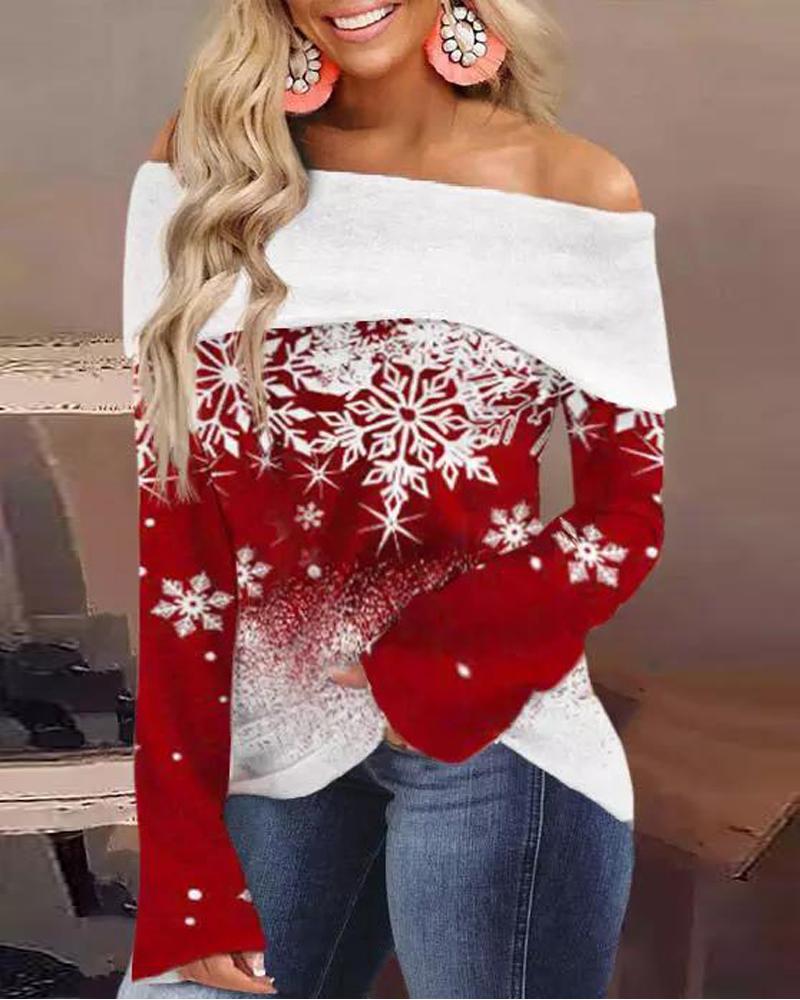 Christmas Snowflake Print Off Shoulder Top