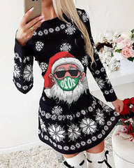 Vestido navideño de manga larga con estampado de copos de nieve de Papá Noel