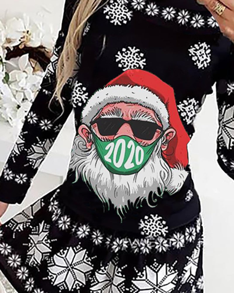 Vestido navideño de manga larga con estampado de copos de nieve de Papá Noel