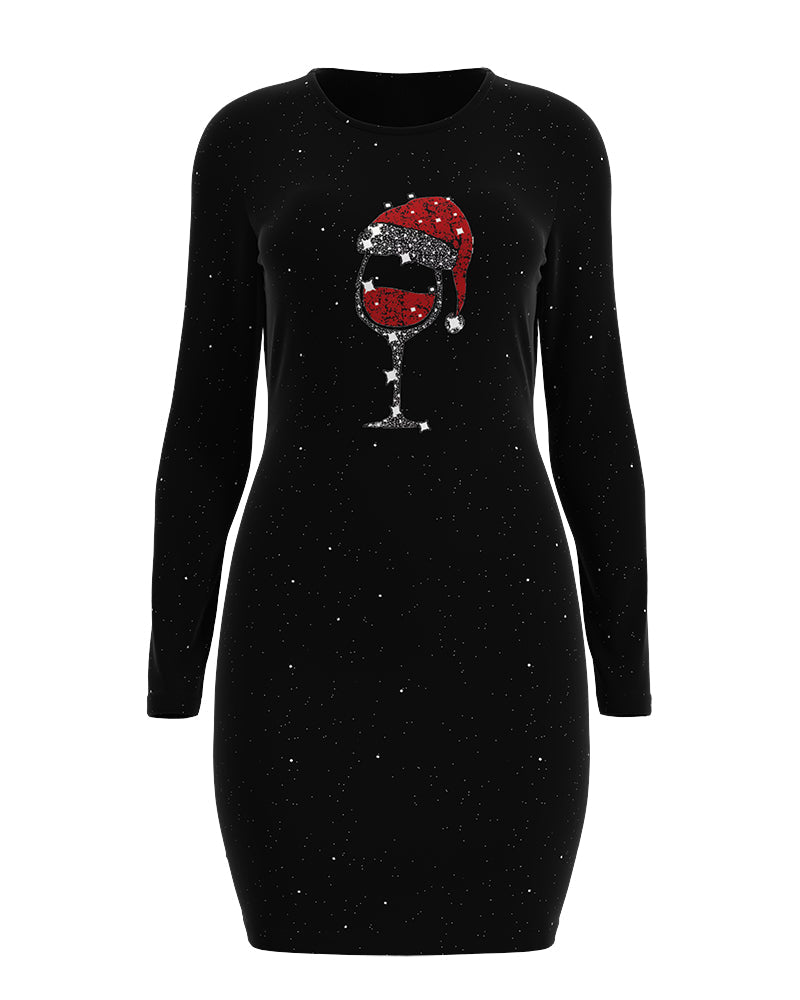 Christmas Wine Glass Print Glitter Bodycon Dress